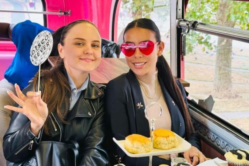 London: "Here We Go Again" Afternoon Tea Bus - Meeting the pink English Tea Bus at Golden Tours Stop 1