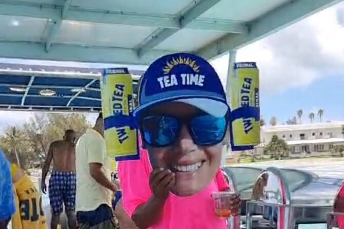 Twisted Tea Pontoon Party Boat in beautiful Bermuda - Stop 4 at Royal Naval Dockyard: big ships, West Gate Prison, and cannons